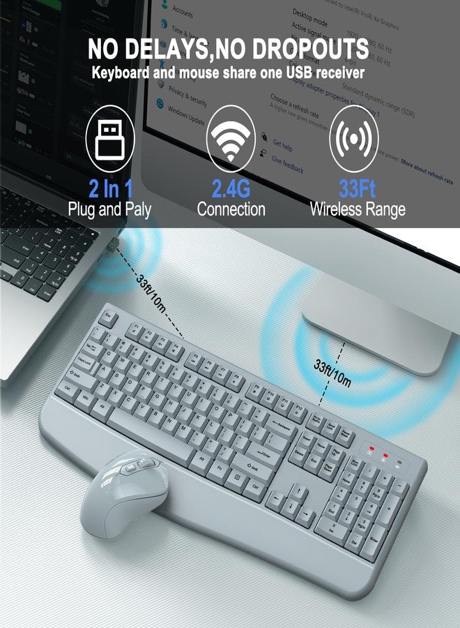 ULSOU Wireless Keyboard and Mouse Combo, ULSOU 2.4G Full-Sized Ergonomic Computer Keyboard with Wrist Rest and 3 Level DPI Adjustable Wireless Mouse for Windows, Mac OS Desktop/Laptop/PC(Grey) - Image 4