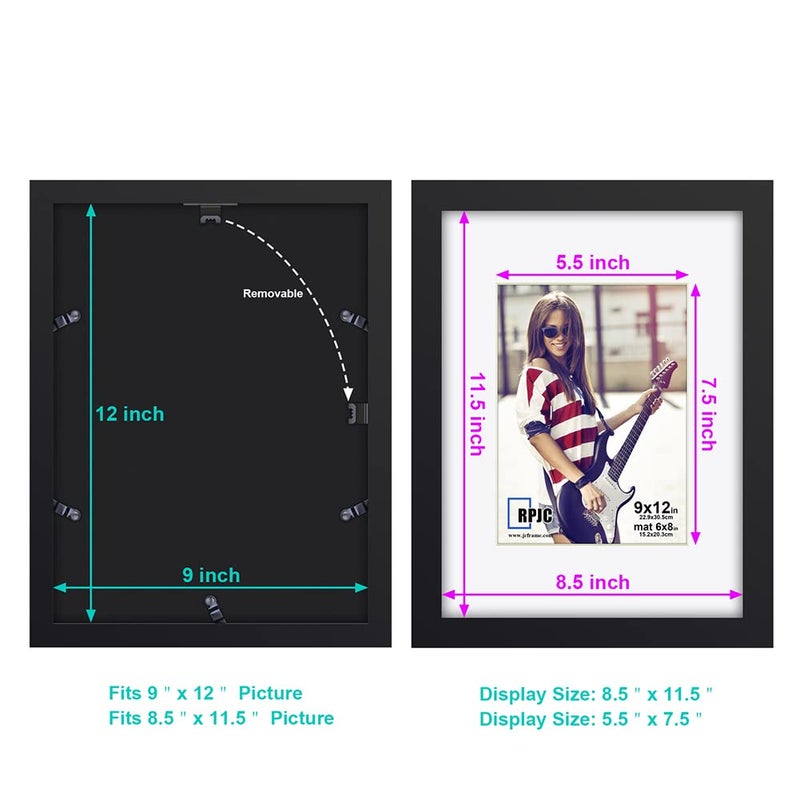 RPJC RPJC 9 x 12 Picture Frames Made of Solid Wood and High Definition Glass Display Pictures 6x8 with Mat or 9x12 Without Mat for Wall Mounting Photo Frame Black - Image 3