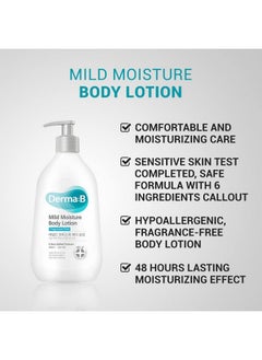 derma b DERMA B Mild Moisture Body Lotion, Fragrance-Free Non-Irritating Body Moisturizer for Dry & Sensitive Skin with Witch Hazel, Unscented Fast-Absorbing Moisturizing Korean Skincare,13.5 Fl Oz,400ml  - Image 2