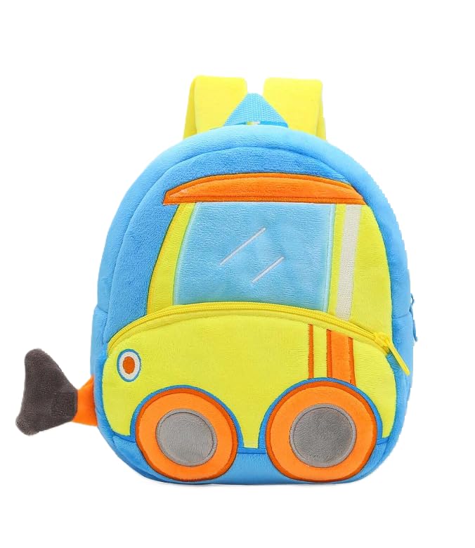 Blue Tree Cute Boy's and Girl's Plush Kids Bag Full Embroidery Designs Mini Travel Backpack (Bulldozer Truck) - Image 1