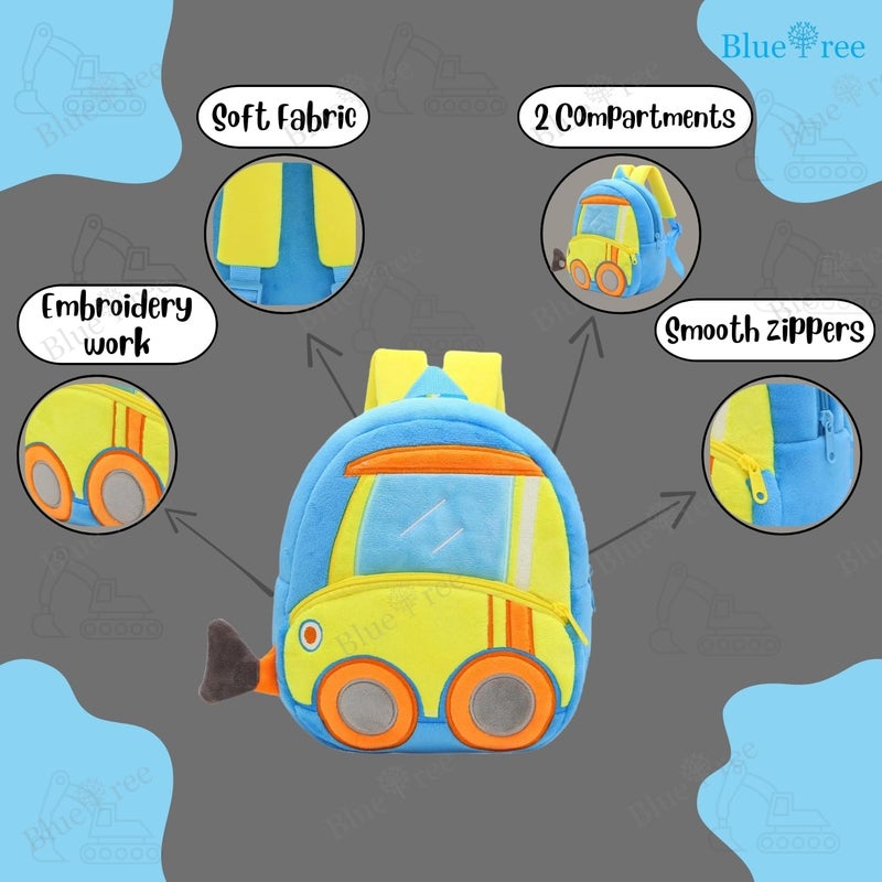 Blue Tree Cute Boy's and Girl's Plush Kids Bag Full Embroidery Designs Mini Travel Backpack (Bulldozer Truck) - Image 3