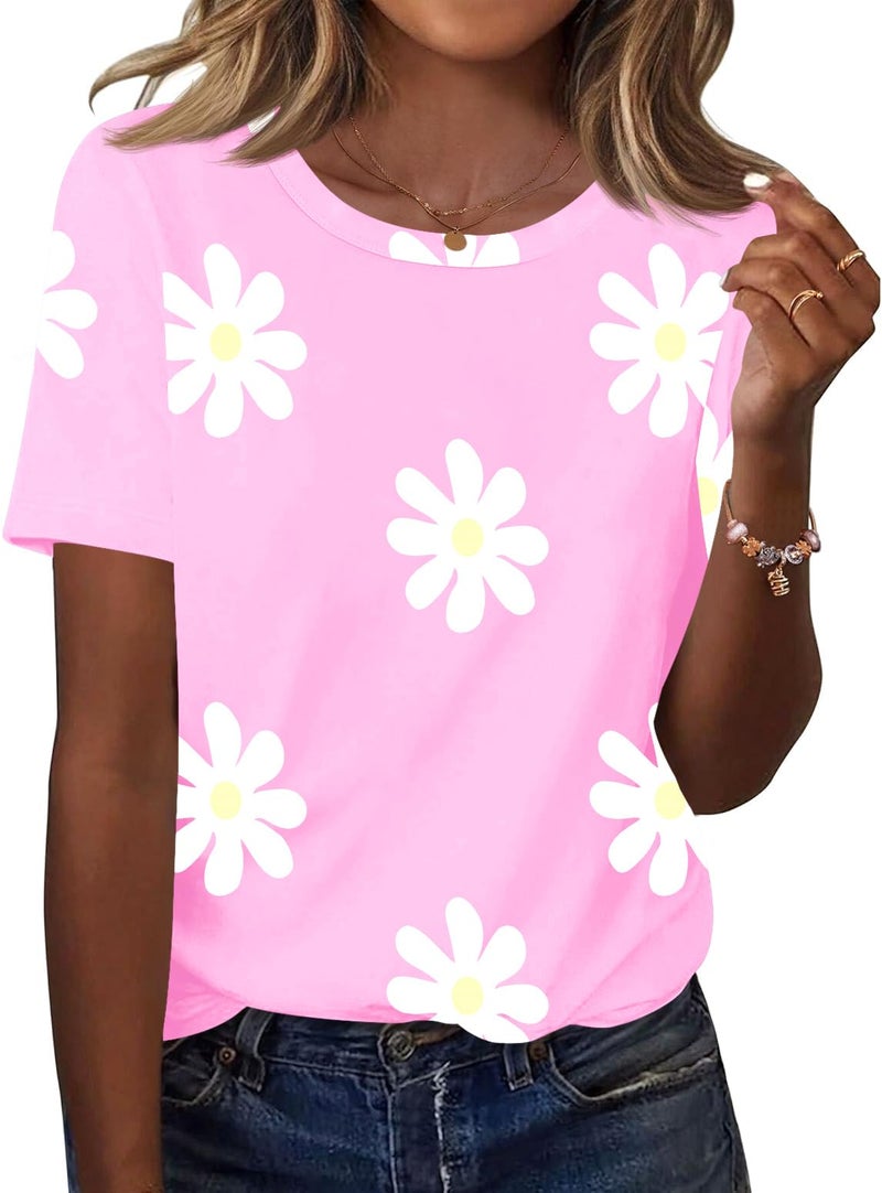 TCOT Womens T Shirts Summer Short Sleeve Crew Neck Tunic Tops to Wear with Leggings Pink Floral Cute Clothes L - Image 1