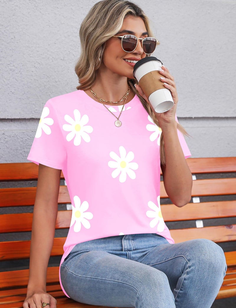 TCOT Womens T Shirts Summer Short Sleeve Crew Neck Tunic Tops to Wear with Leggings Pink Floral Cute Clothes L - Image 4