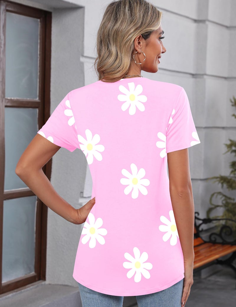 TCOT Womens T Shirts Summer Short Sleeve Crew Neck Tunic Tops to Wear with Leggings Pink Floral Cute Clothes L - Image 3