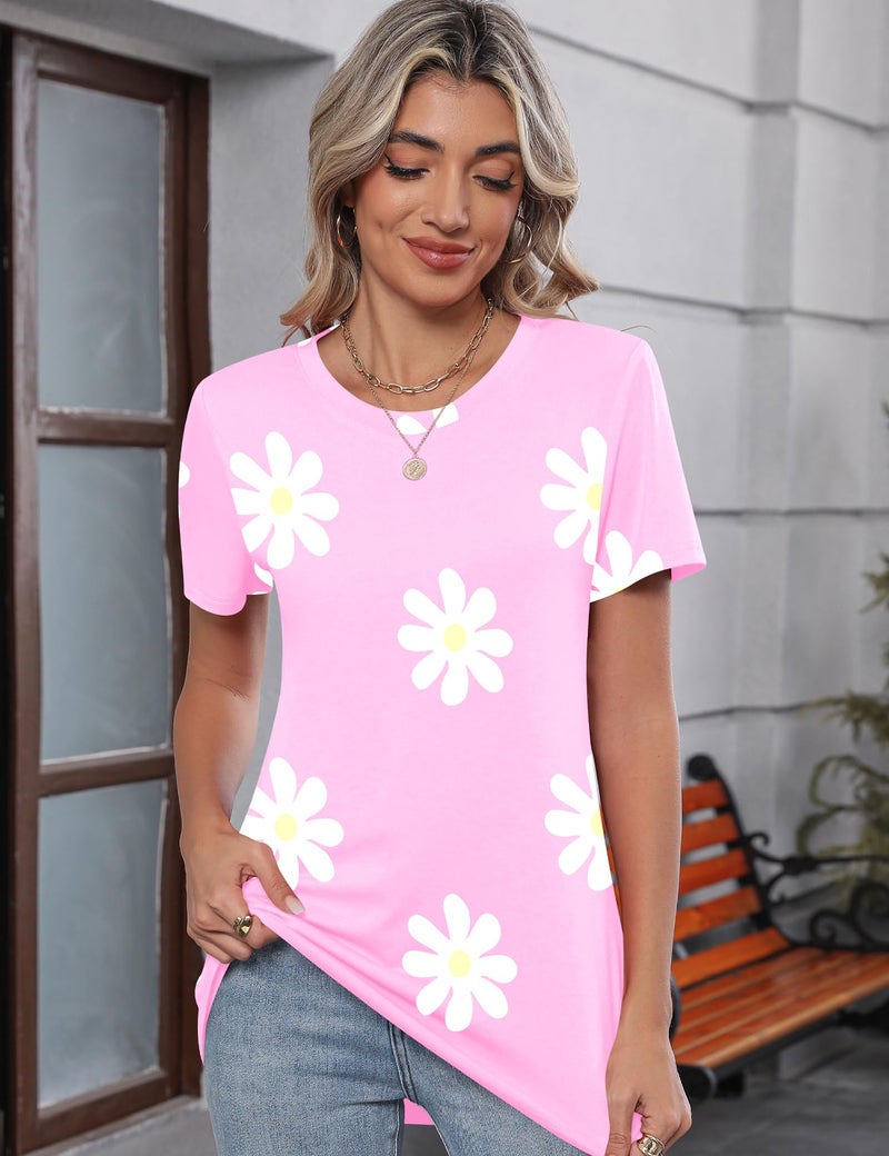 TCOT Womens T Shirts Summer Short Sleeve Crew Neck Tunic Tops to Wear with Leggings Pink Floral Cute Clothes L - Image 5