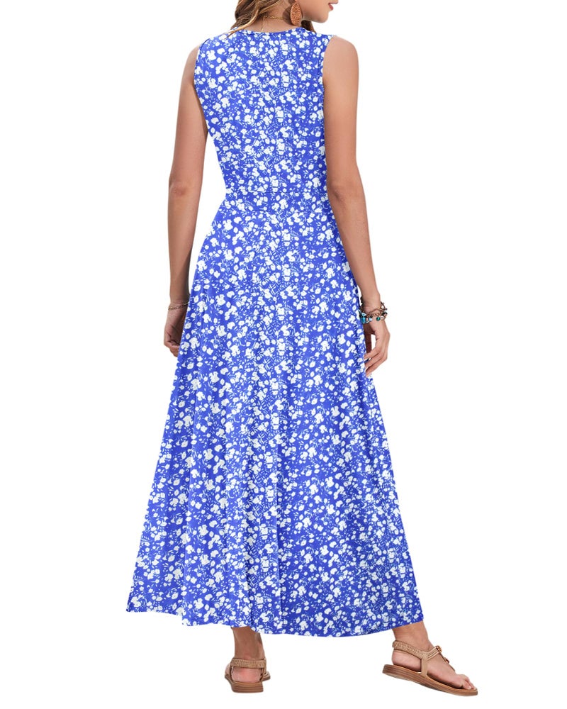 AUSELILY Women's Maxi Dress 2026 Summer Casual Sleeveless Sundress V Neck Wrap Vacation Cocktail Long Dresses with Pockets (L, Blue Little Floral) - Image 5