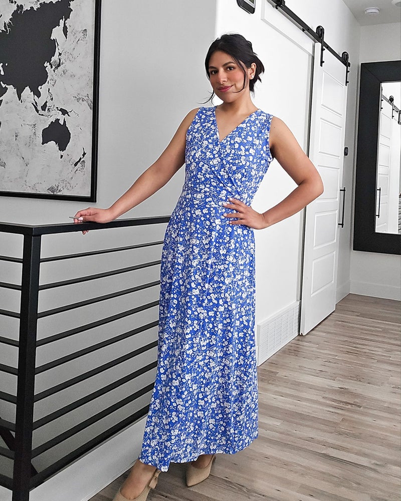 AUSELILY Women's Maxi Dress 2026 Summer Casual Sleeveless Sundress V Neck Wrap Vacation Cocktail Long Dresses with Pockets (L, Blue Little Floral) - Image 3