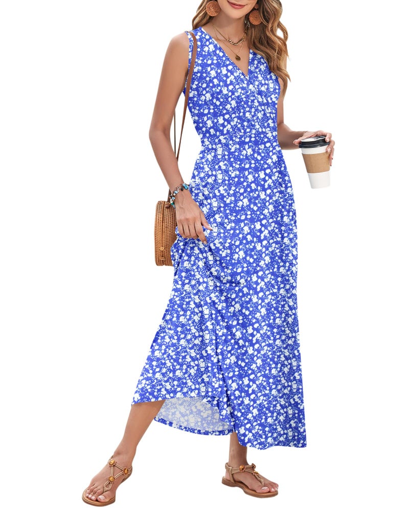 AUSELILY Women's Maxi Dress 2026 Summer Casual Sleeveless Sundress V Neck Wrap Vacation Cocktail Long Dresses with Pockets (L, Blue Little Floral) - Image 2