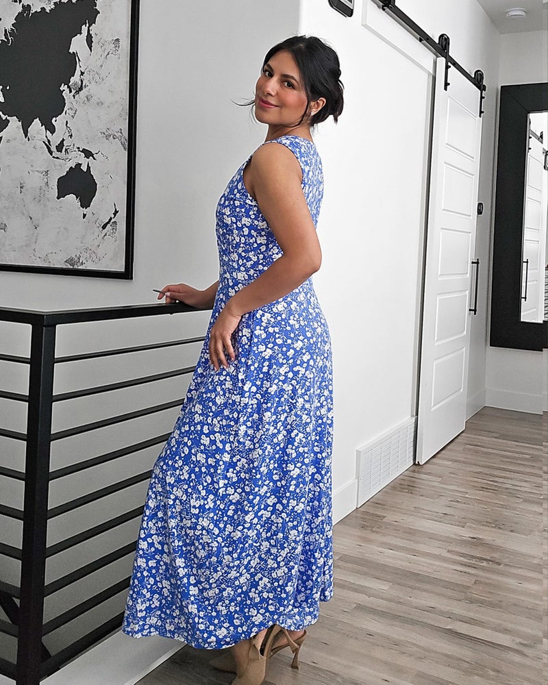 AUSELILY Women's Maxi Dress 2026 Summer Casual Sleeveless Sundress V Neck Wrap Vacation Cocktail Long Dresses with Pockets (L, Blue Little Floral) - Image 4