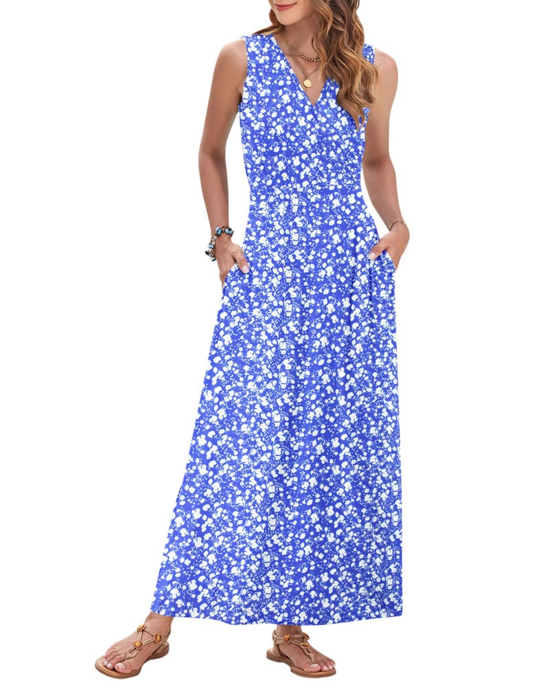 AUSELILY Women's Maxi Dress 2026 Summer Casual Sleeveless Sundress V Neck Wrap Vacation Cocktail Long Dresses with Pockets (L, Blue Little Floral) - Image 1