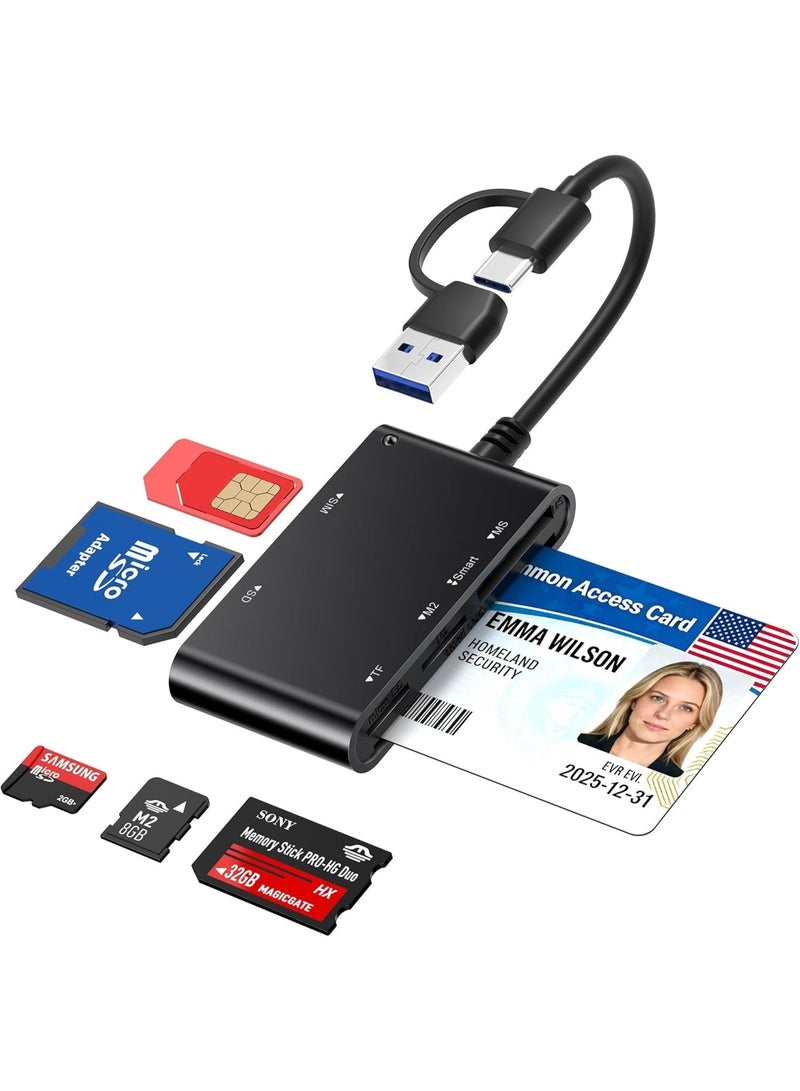 FDTY 6-in-1 Smart Card Reader with USB-C & USB-A - CAC & PIV Card Reader, SIM Card Adapter, SD/TF/Memory Stick Pro Duo/M2/MMC Memory Card Reader for Windows, Mac, Linux – Plug and Play - Image 1