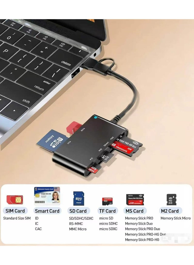 FDTY 6-in-1 Smart Card Reader with USB-C & USB-A - CAC & PIV Card Reader, SIM Card Adapter, SD/TF/Memory Stick Pro Duo/M2/MMC Memory Card Reader for Windows, Mac, Linux – Plug and Play - Image 4