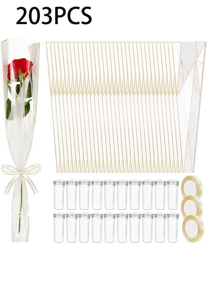 Geustos 100pcs Single Rose Sleeves 100pcs Bouquet Flower Hose with 3 Ribbons, Single Flower Sleeve Flower Wrap Bag Mother's Day Graduation Party Flower Hose(203pcs) - Image 1