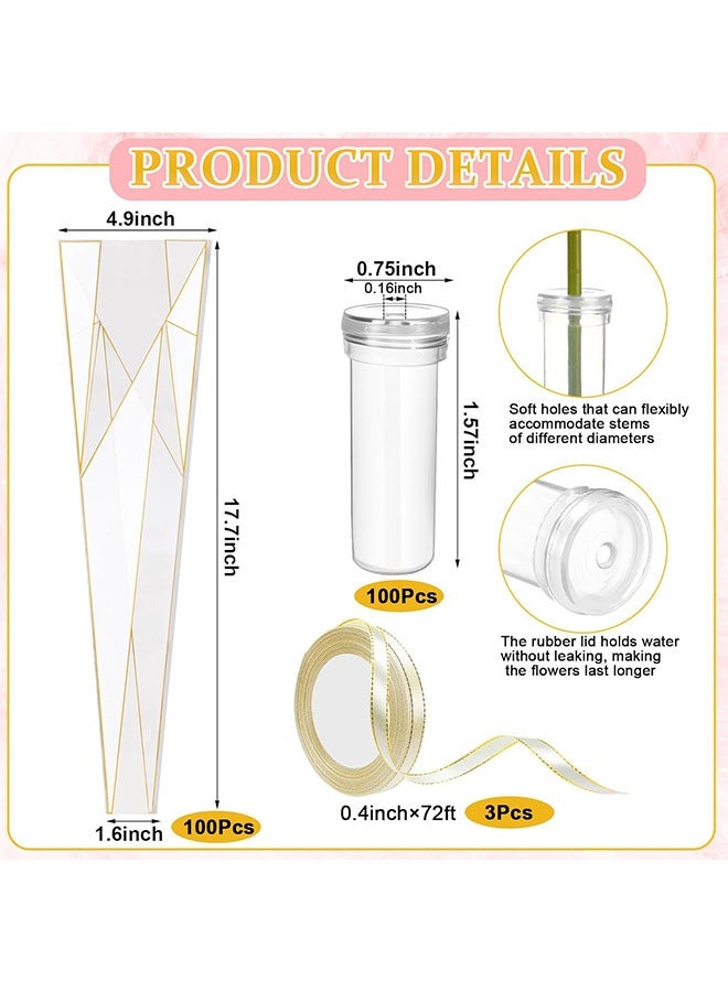 Geustos 100pcs Single Rose Sleeves 100pcs Bouquet Flower Hose with 3 Ribbons, Single Flower Sleeve Flower Wrap Bag Mother's Day Graduation Party Flower Hose(203pcs) - Image 2