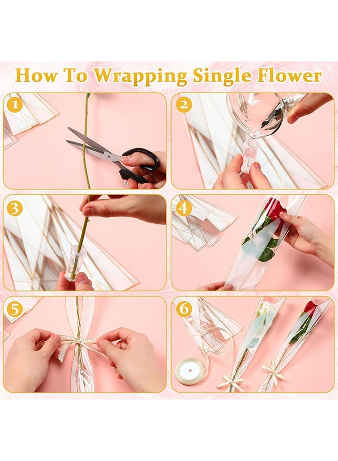 Geustos 100pcs Single Rose Sleeves 100pcs Bouquet Flower Hose with 3 Ribbons, Single Flower Sleeve Flower Wrap Bag Mother's Day Graduation Party Flower Hose(203pcs) - Image 3