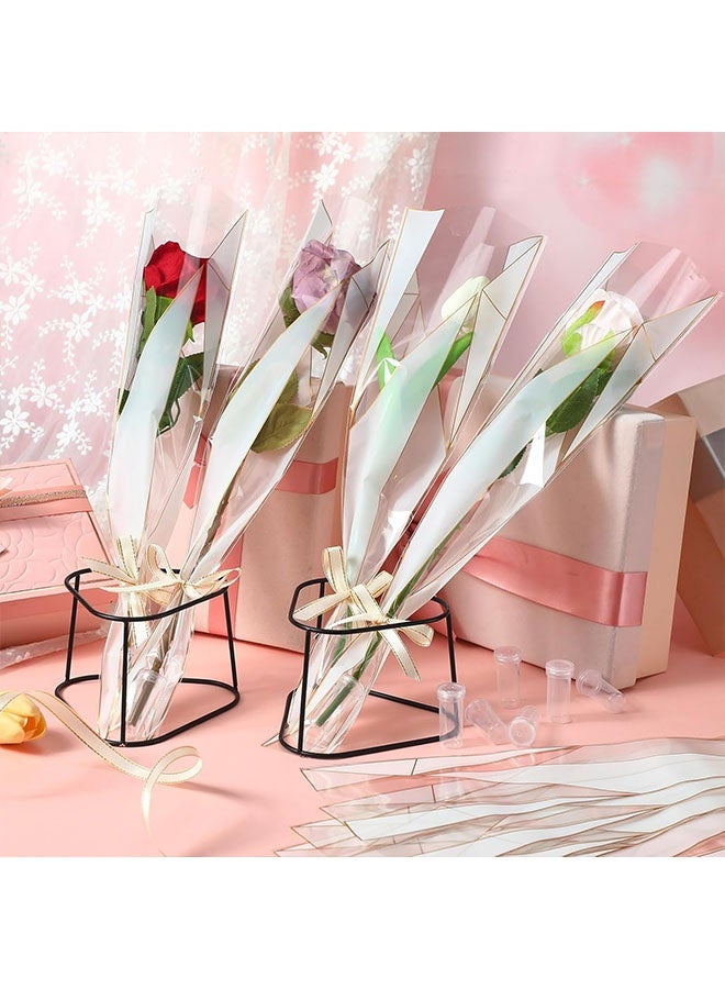 Geustos 100pcs Single Rose Sleeves 100pcs Bouquet Flower Hose with 3 Ribbons, Single Flower Sleeve Flower Wrap Bag Mother's Day Graduation Party Flower Hose(203pcs) - Image 5