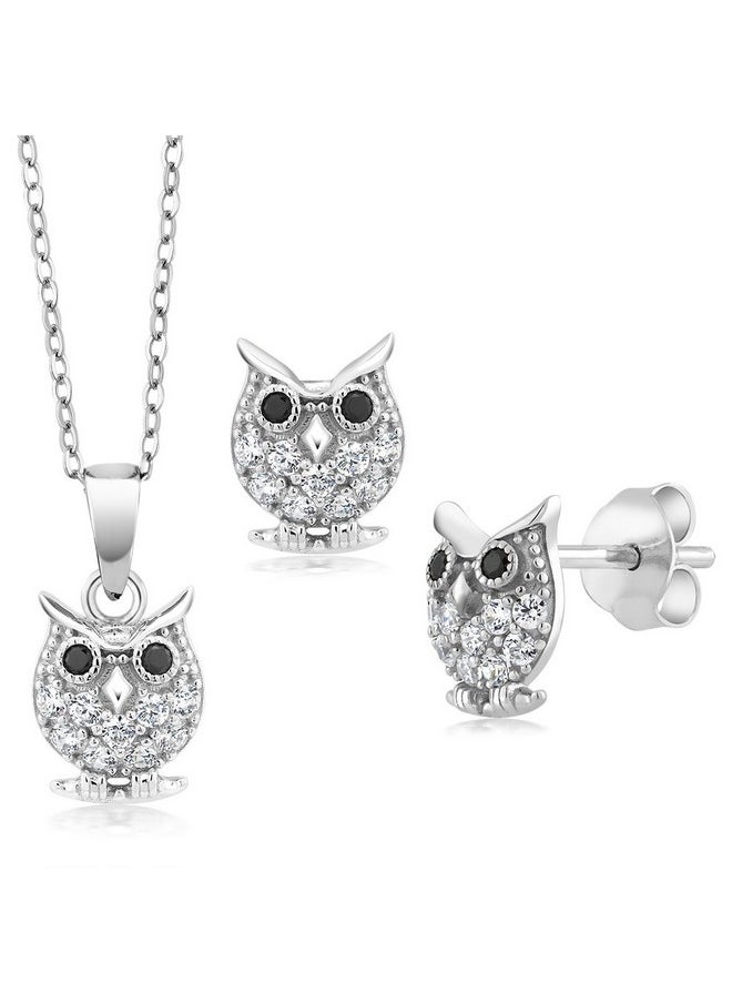 GEM STONE KING 925 Sterling Silver Owl Pendant Earrings Set For Women With 18 Inch Chain  - Image 1