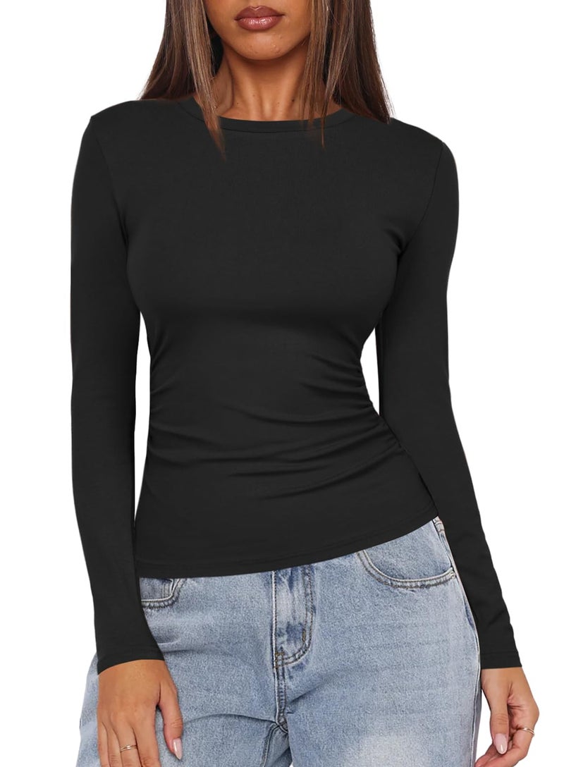 Darong Women's Long Sleeve Crew Neck Tops Casual Ruched Side Slim Fit Basic T Shirts Tee 9067 Black M - Image 1