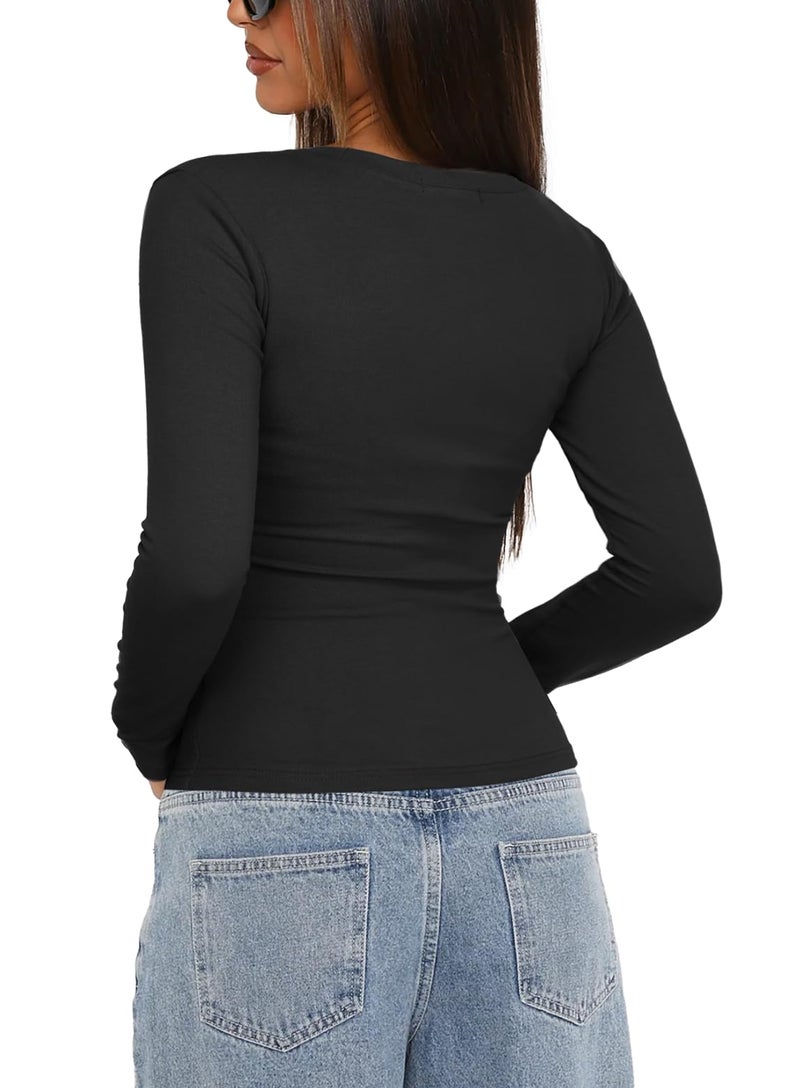 Darong Women's Long Sleeve Crew Neck Tops Casual Ruched Side Slim Fit Basic T Shirts Tee 9067 Black M - Image 2