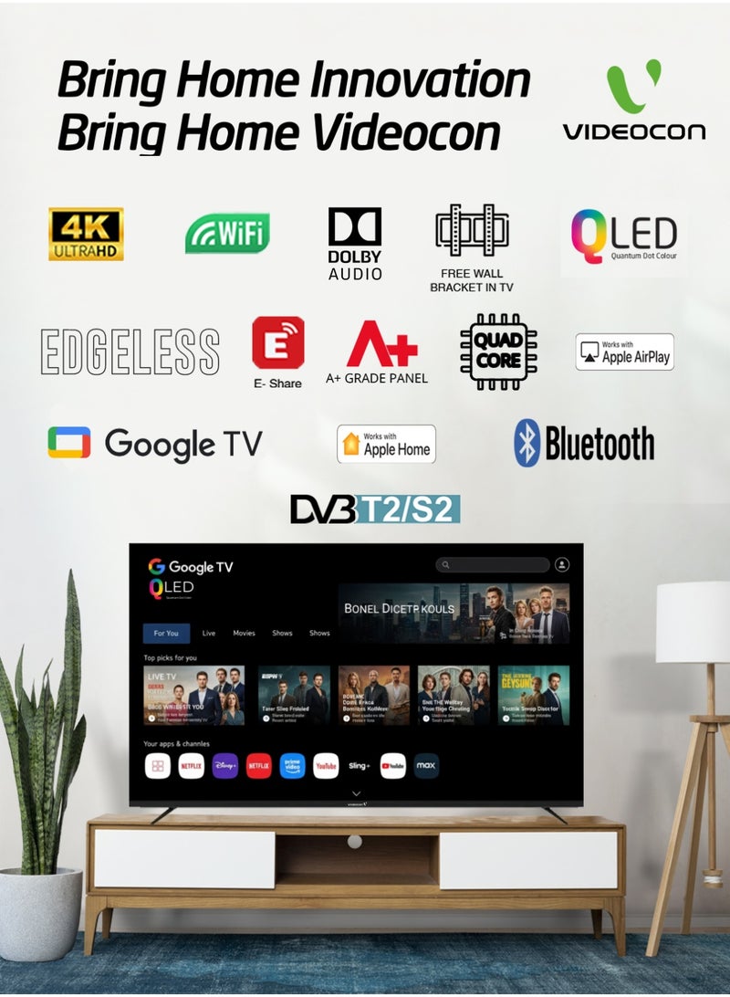 فيديوكون تلفاز جوجل الذكي QLED 4K UHD بحجم 75 بوصة بدون حواف | لوحة بدرجة A+ | جهاز تحكم صوتي مع مساعد جوجل | صوت دولبي | بلوتوث | حامل حائط مجاني - - Image 2