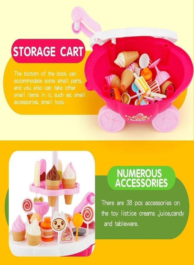RENARSH Plastic Ice Cream Sweet Trolley Cart Pretend Play Set with Music and Lights Toys for Girls, Colour Pink 39 Accessories - Image 5