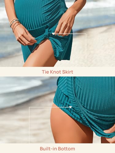 Summer Mae Ribbed Maternity One Piece Swim Dress Pregnancy Swimsuit with Built-in Bottom Swimwear Tie Knot Skirt Bathing Suit Turquoise 6-8 - Image 4