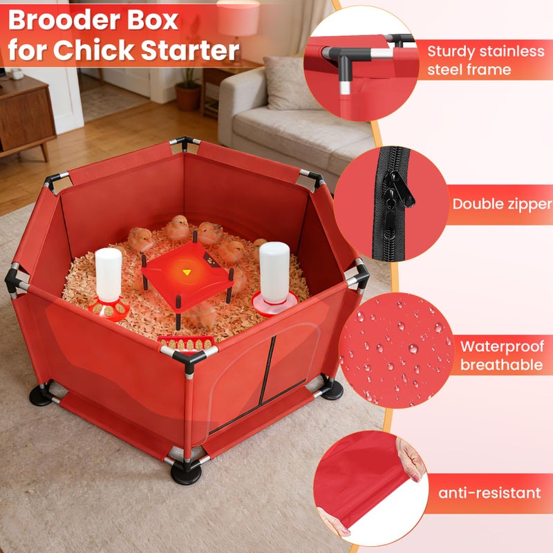 Kweetle Brooder Box for Chicks, 8-in-1 Chick Heat Plate Starter Kit, Baby Chicken Brooder Pen with Feeder, Waterer, Perch & Bedding, Indoor Poultry Setup (Red) - Image 4