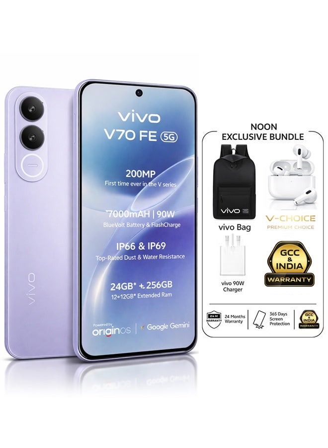 V70 FE 5G AI ثنائي الشريحة فضي تيتانيوم 12GB 256GB مع هدايا حصرية: (شاحن 90W، غطاء واقي في صندوق الهاتف)، TWS V-CHOICE + حقيبة ظهر VIVO - نسخة الشرق الأوسط