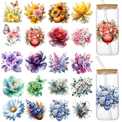 Jeacksy UV DTF Cup Wraps for 16 oz Glass Cups- 20 Sheets Flower Uvdtf Cup Wraps Vinyl Decals for Tumblers, Rub on Transfers for Crafts, Cold Transfer Stickers for Bookmarks, Wood Furniture, Water Bottles - Image 1