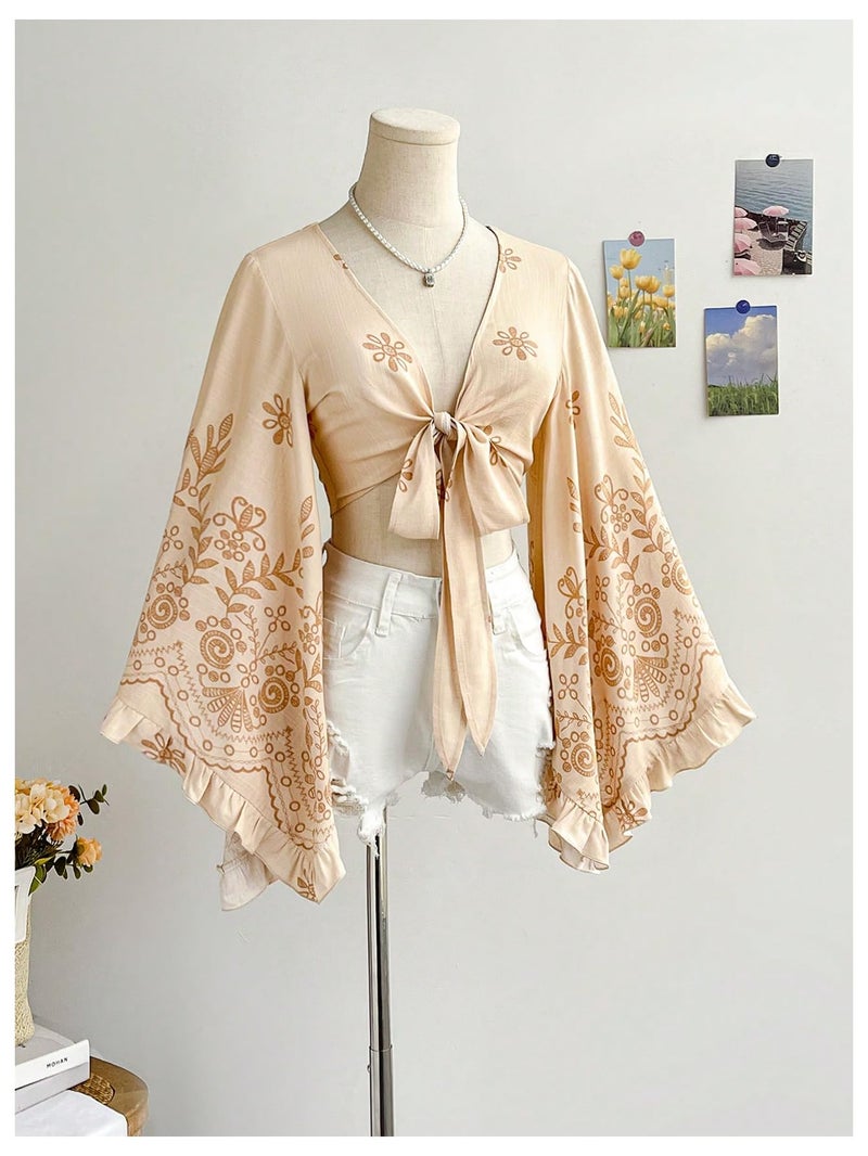 BEAUDRM Women's Boho Tops Wrap Western Country Concert 70s Outfits Tie Front Long Bell Sleeve Tops Hippie Disco Clothes Khaki Large - Image 3