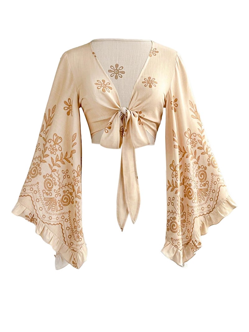 BEAUDRM Women's Boho Tops Wrap Western Country Concert 70s Outfits Tie Front Long Bell Sleeve Tops Hippie Disco Clothes Khaki Large - Image 1