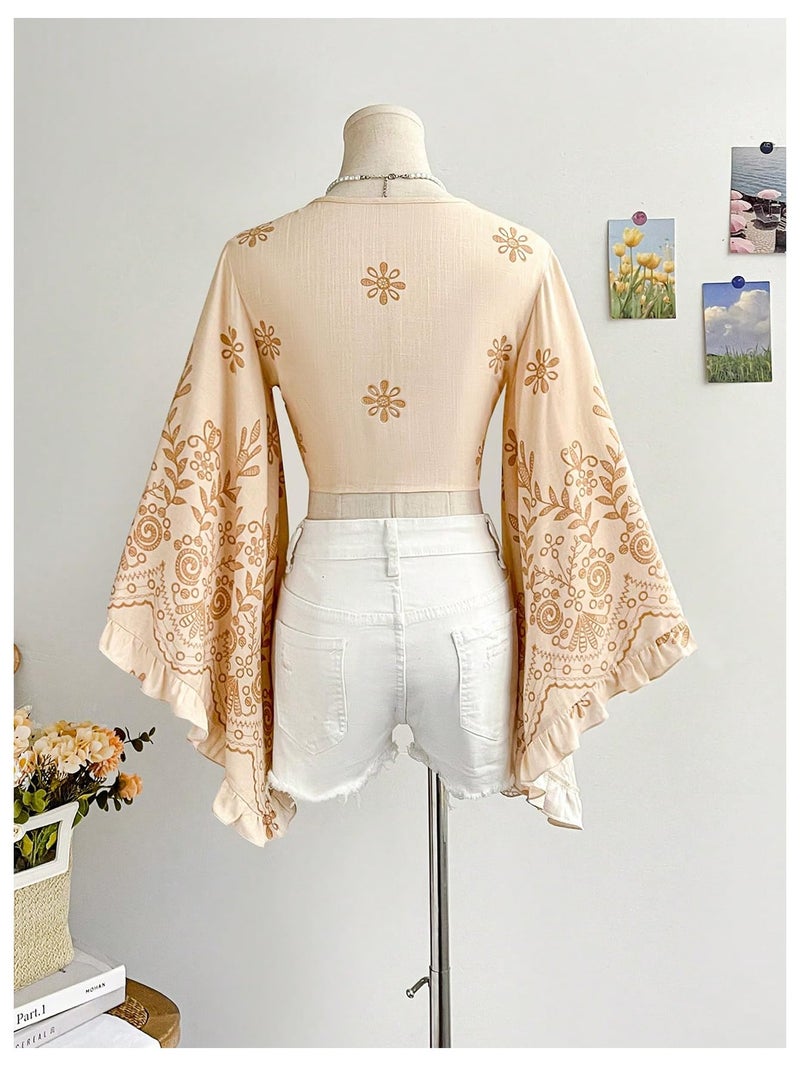 BEAUDRM Women's Boho Tops Wrap Western Country Concert 70s Outfits Tie Front Long Bell Sleeve Tops Hippie Disco Clothes Khaki Large - Image 2
