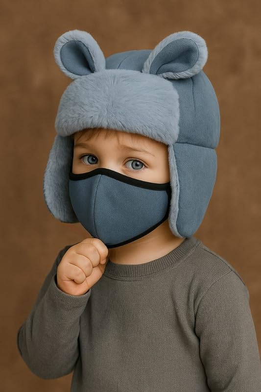Krystle Kids Winter Warm Hat with Ears and Face Mask – Soft Fleece Trapper Hat for Boys & Girls (Blue,5-10 Years) - Image 3