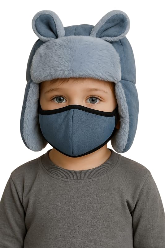 Krystle Kids Winter Warm Hat with Ears and Face Mask – Soft Fleece Trapper Hat for Boys & Girls (Blue,5-10 Years) - Image 4