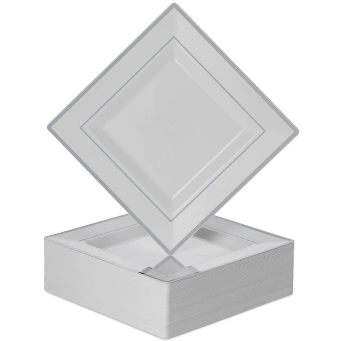 PLASTIC DISPOSABLE SQUARE DESSERT PLATES 50PACK 65 INCHES WHITE WITH SILVER RIM SQUARE PLATES IDEAL FOR WEDDINGS PARTIES CATERING HEAVY DUTY NON TOXIC