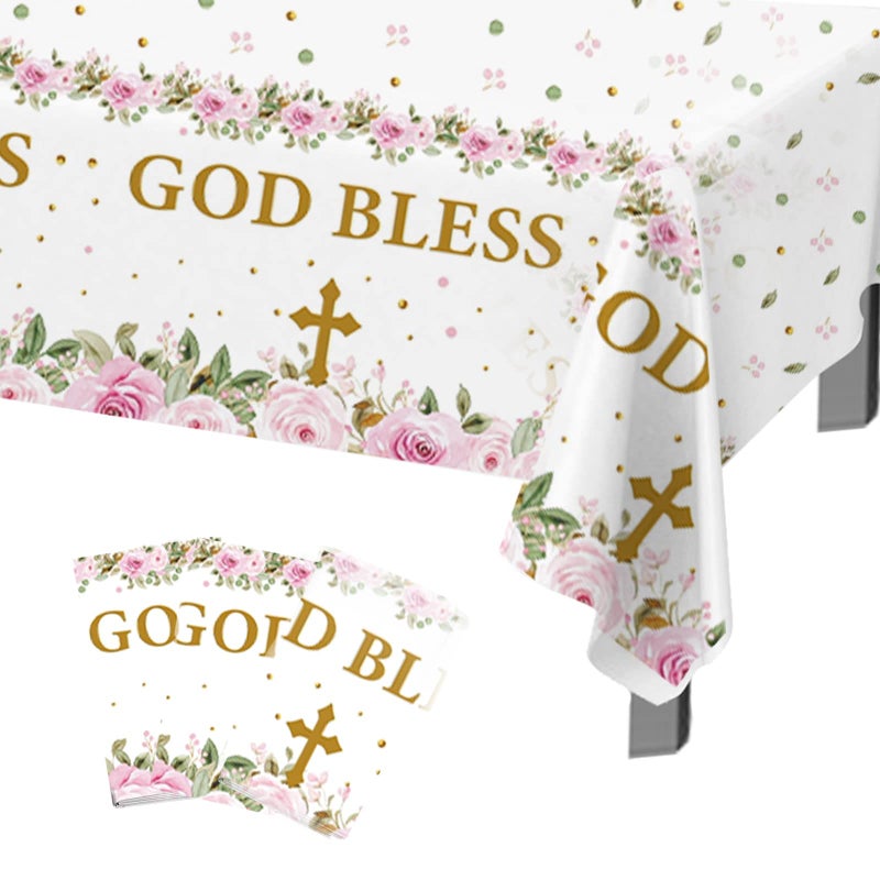 Makarios 3 Pcs Baptism Tablecloths God Bless  Cross Design First Communion Tablecloth for Girls Pink