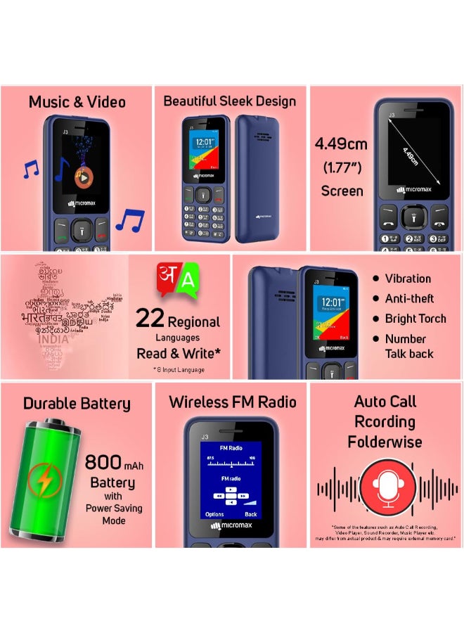 Micromax مجدد - J3 جديد كلياً أنيق وعصري | هاتف محمول بلوحة مفاتيح بشاشة 1.77" | تسجيل المكالمات التلقائي | مصباح ساطع | راديو FM لاسلكي | أزرق - Image 5