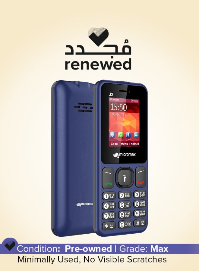 Micromax مجدد - J3 جديد كلياً أنيق وعصري | هاتف محمول بلوحة مفاتيح بشاشة 1.77" | تسجيل المكالمات التلقائي | مصباح ساطع | راديو FM لاسلكي | أزرق - Image 1