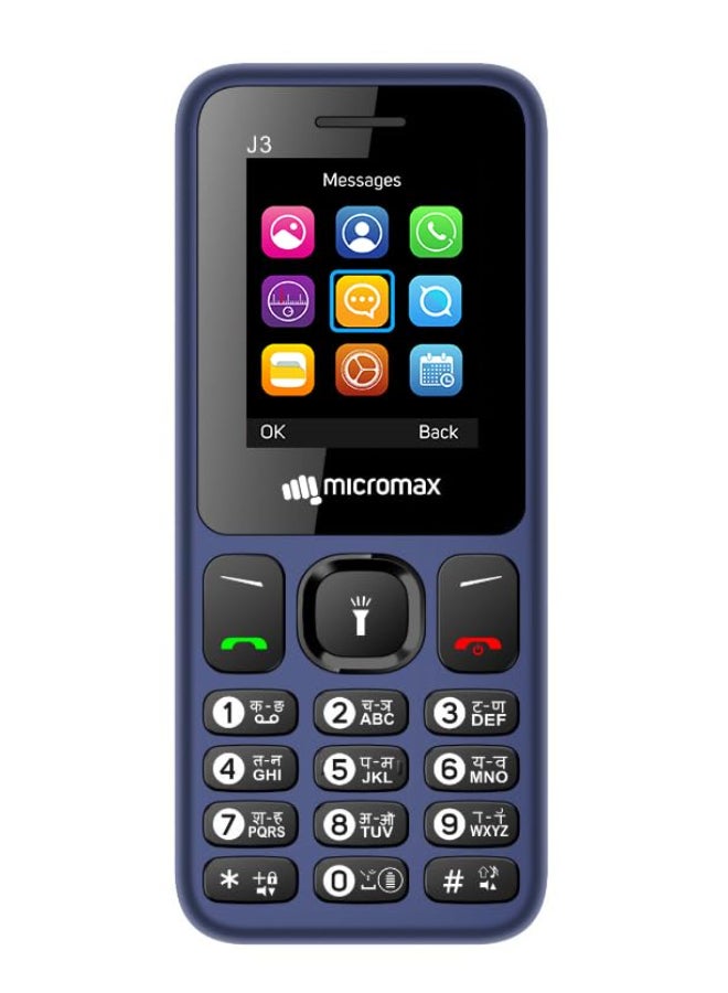 Micromax مجدد - J3 جديد كلياً أنيق وعصري | هاتف محمول بلوحة مفاتيح بشاشة 1.77" | تسجيل المكالمات التلقائي | مصباح ساطع | راديو FM لاسلكي | أزرق - Image 2