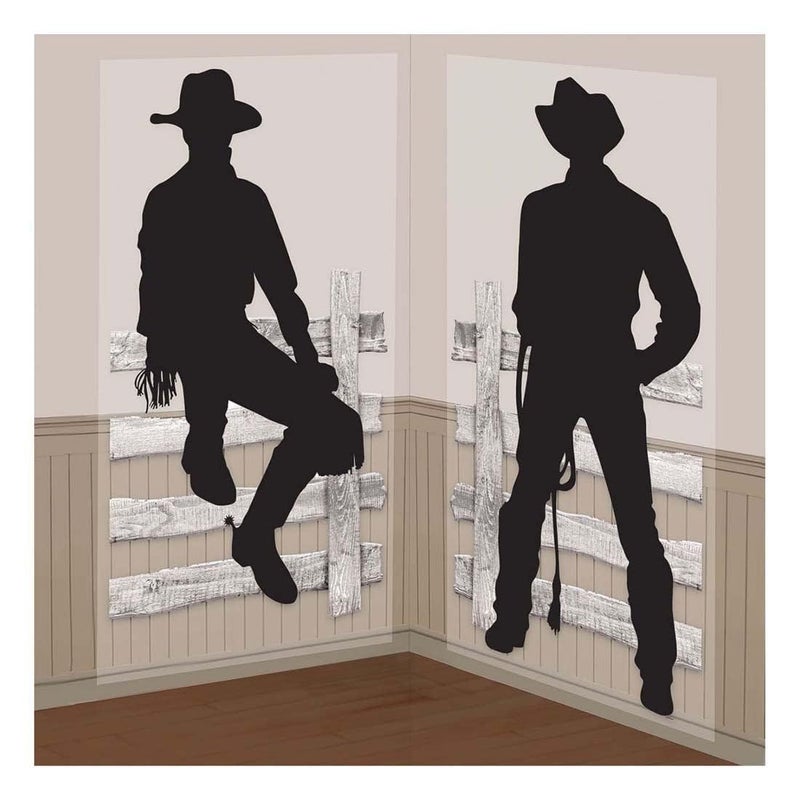 Amscan Black Silhouette Cowboys Scene Scetter Add-Ons - 65" x 33.5" (Pack of 2) - Easy-to-Install Plastic Backdrops for Western Themed Parties and Events - Image 1