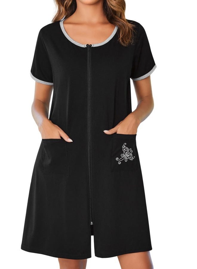 Ekouaer Women Zipper Front House Coat Short Sleeves Robe Zip Up Bathrobes Short Nightgown with Pockets S-3XL - Image 1