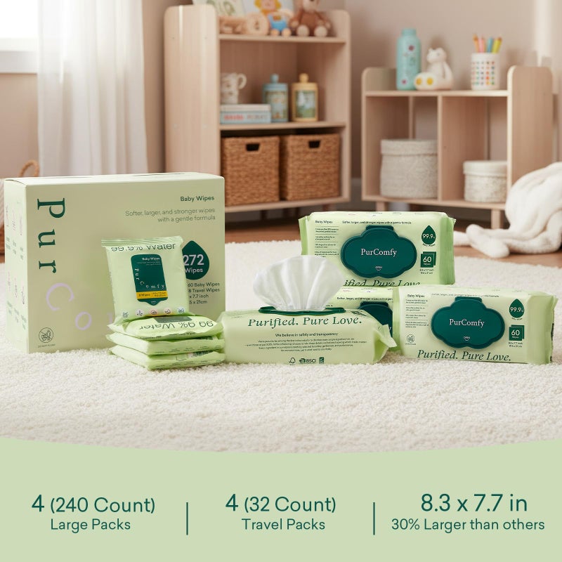PurComfy Baby Wipes Unscented, 4 Flip-Top Packs + 4 Travel Pack Baby Wipes with Plant Based, Hypoallergenic for Sensitive Newborn Skin, Total 272 Count Wipes - Image 2
