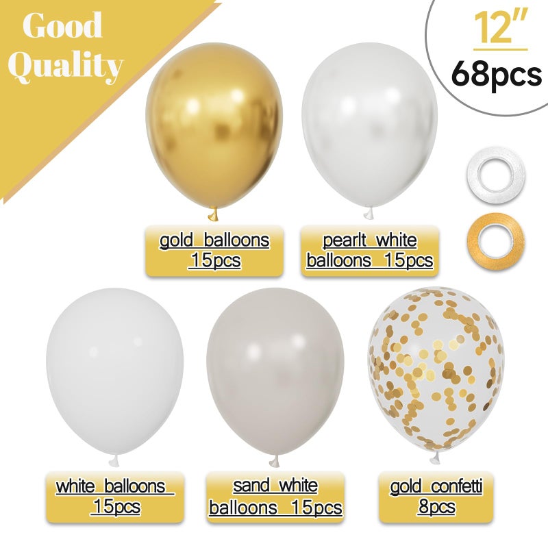 KUULBELA 68Pcs Sand White Gold Confetti Balloons Kit 12 Inch Ballons Beige Pearl White Balloon Gold Party Balloons with Ribbons for Birthday Wedding engagement Baby Shower Graduation Decorations. - Image 2