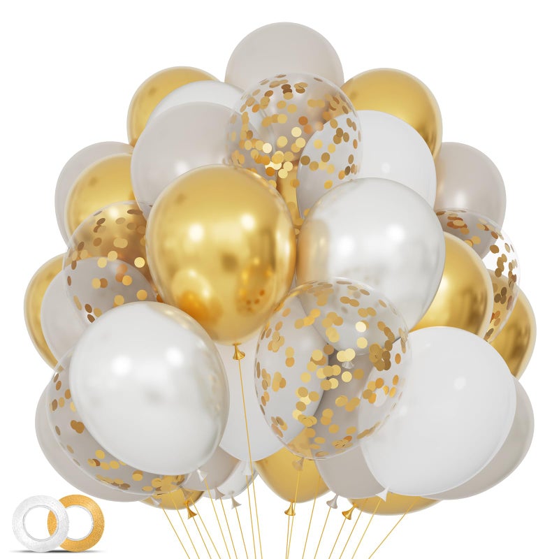 KUULBELA 68Pcs Sand White Gold Confetti Balloons Kit 12 Inch Ballons Beige Pearl White Balloon Gold Party Balloons with Ribbons for Birthday Wedding engagement Baby Shower Graduation Decorations. - Image 1