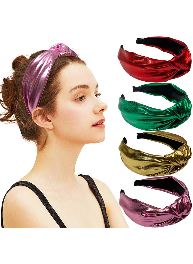 BETITETO Glitter Knotted Headbands 4 Pack Vintage Shiny Metallic Wide Hair Bands Hoops for Women Girls Gold  Green  Pink  Red 