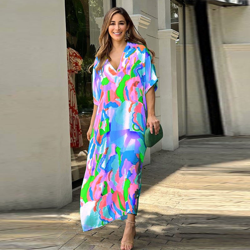 2023wish Amazon Spring and Summer New Elegant Elegant Printed V-Neck Short Sleeve Large dress Cross-border Europe and America Blue and purple clouds 