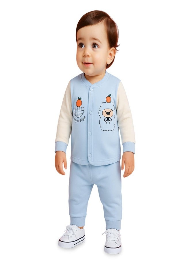 Kidbea® Unisex Baby Pajama Set | Soft Cotton Blue Shirt & Pants with Cute & Orange Print | Warm & Cozy Sleepwear (Blue, 0-3 Months) - Image 1