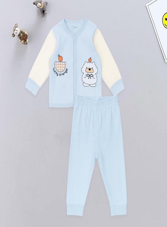 Kidbea® Unisex Baby Pajama Set | Soft Cotton Blue Shirt & Pants with Cute & Orange Print | Warm & Cozy Sleepwear (Blue, 0-3 Months) - Image 2