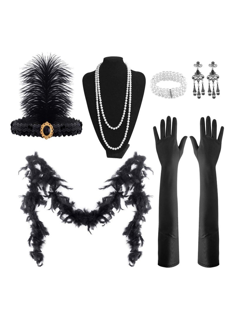 كابتن تيك Great Gatsby Accessories Set Flapper for Women Headpiece Headband Earrings Pearl Necklace Gloves Holder Silver - Image 1