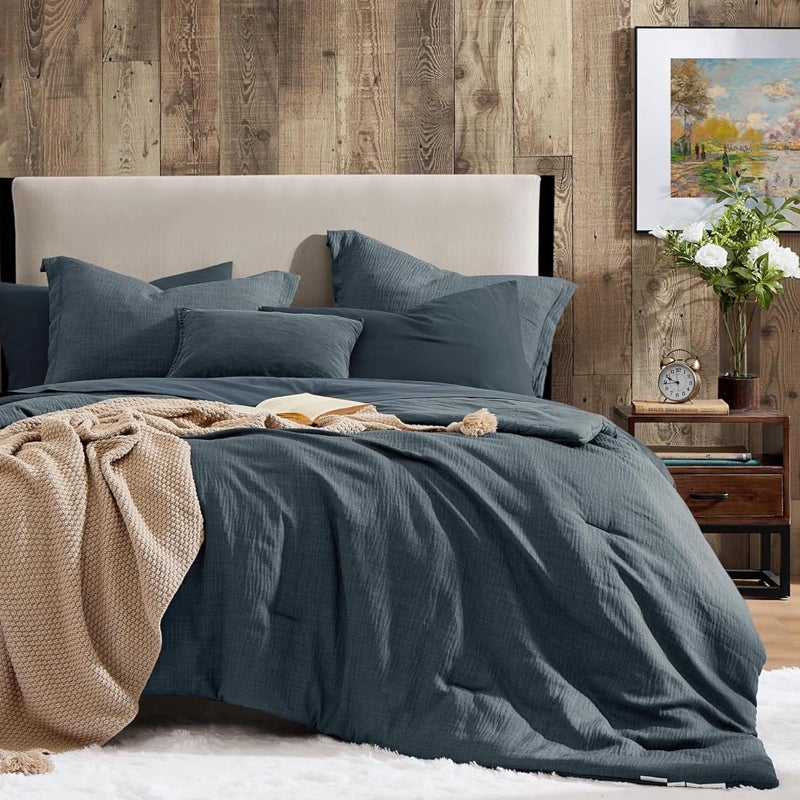 Geniospin King Size Comforter Set- 7 Piece Navy Blue Textured King Bedding Set, Soft Solid Bed in a Bag for All Season, King Comforter Set with Sheets(Navy Blue,102''x90'') - Image 1